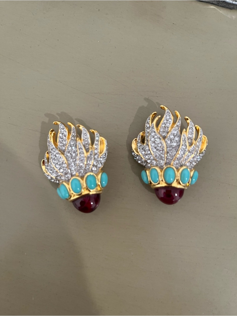 Gold Crystal, Turquoise & Garnet-Accent Clip Earrings - Women Jewelry